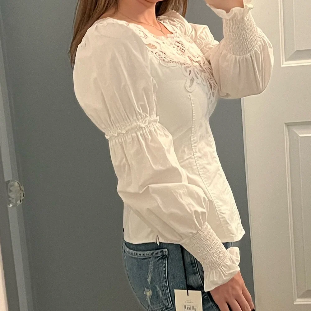 🟡 Rebecca Taylor White Top with Smocked Wrist - Picture 4 of 7